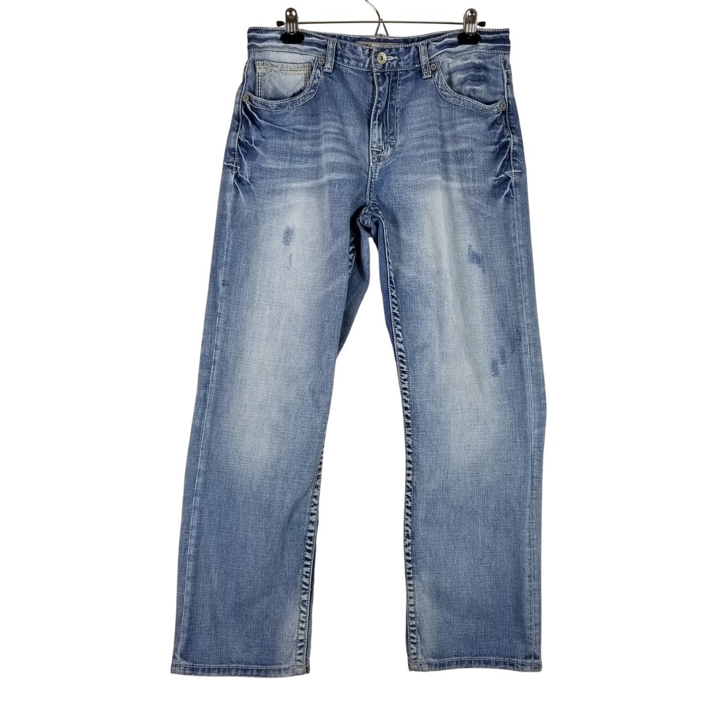 BKE Tyler Jeans Mens 34R Blue Straight Leg Medium Wash Distressed Denim